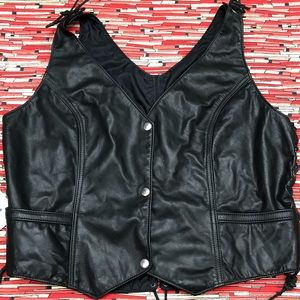 NWT Black Genuine Leather Lace-up Biker Vest, XL